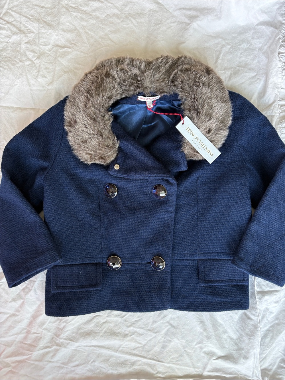 Frances Valentine Navy Cropped Pea Coat with Faux Fur Collar and Jewel Buttons